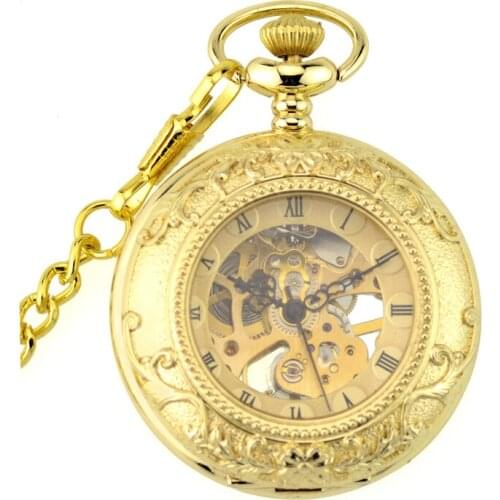 Golden Luxury Skeleton Mechanical Hand Wind Pocket & Fob Watch Clamshell Magnifier Women Pocket Watch Pendant Full Hunter Gift