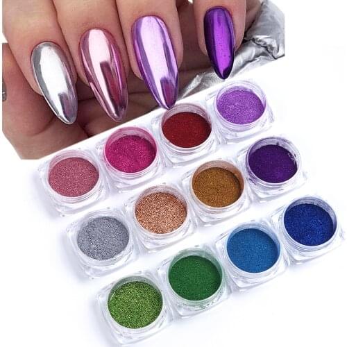 13Pcs Chrome Nail Powder Set Silver Mirror Effect Pigment Pink Metallic Rubbing Dust Nail Art Decorations Dip Glitter GLC/ASX