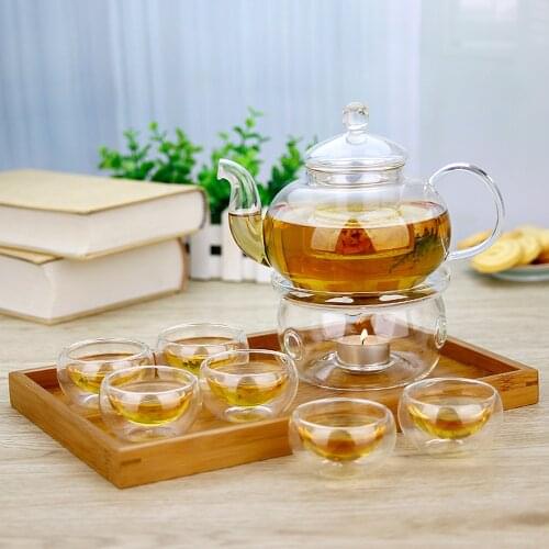 8in1 Gift Teaset Heat-resistant Glass Teapot and 6 double wall cups and warmer Giftset Microwavable and stovetop Safe Tea Pot