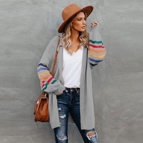 Winter Women Cardigan Stripe Knit Sweater Open Front Lantern Sleeve Thick Coat Color Block Loose Comfy Oversize Trendy Outwear