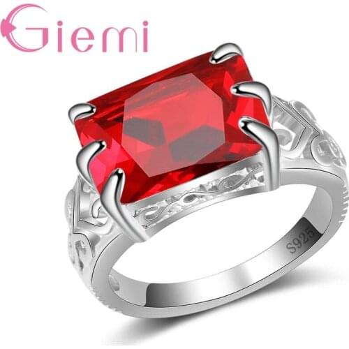 New Arrival 925 Sterling Silver Rings Paved Big Rectangle Clear Red Zircon Fashion Crystal Jewelry for Wedding