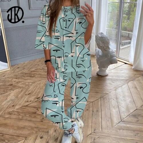 Abstract Face Print Summer Suit Plus Size Casual Comfor Trousers Set Round Neck Short-sleeved Top + Trouser Two-piece Sportswear