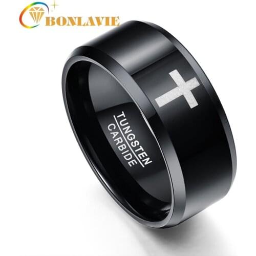 BONLAVIE Mens 10MM Vintage Black Tungsten Carbide Ring White Cross Wedding Band Flat Top Comfort Fit Size 7-12