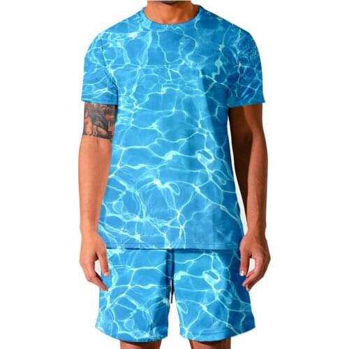 2021 New 3D Water ripple swimming pool Mens Round Neck T-shirt Suit Fashion Mens And Womens T-shirt + Shorts Sportswear 5XL