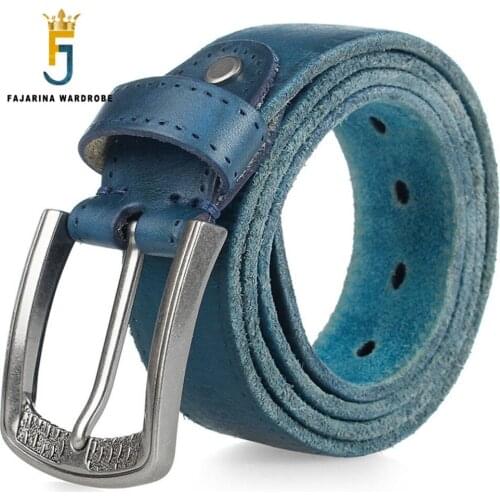 FAJARINA Mens Quality Pin Buckle Metal Retro Belt Blue Dot Striped Cowskin Leather Accessories Belts for Men Accessory N17FJ314