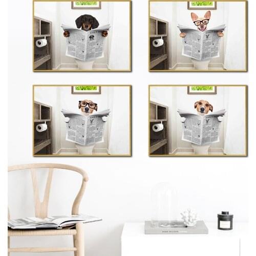 Funny Pet Dog Read Newspaper Modern Toilet Wall Art Canvas Painting Nordic Posters And Prints Wall Pictures For Bathroom Decor