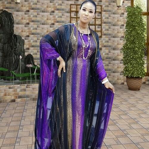 Newest African Maxi Dresses For Women Round Collar Long Bat Sleeve Boubou Africain Femme Boho Robe Stripe Print Party Gowns