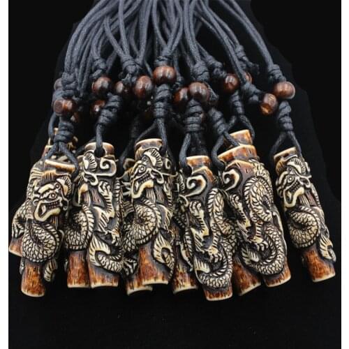 Wholesale 12pcs COOL Simulation Bone Carving Totem Dragon Pendant Wood Beads Amulet Pendant Necklace Lucky Gift MN112