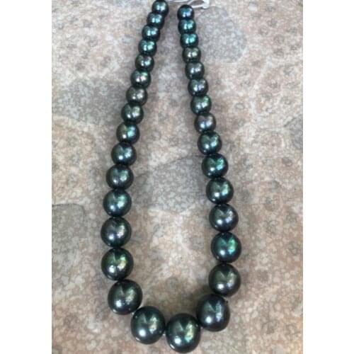 Stunning round huge10-12mm freshwater round black green pearl necklace 18"925silver