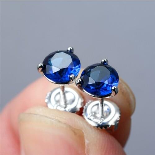 Cute Female 6/7/8mm Natural Blue Sapphire Stone Earrings Real 925 Sterling Silver Earrings For Women Small Screw Stud Earrings