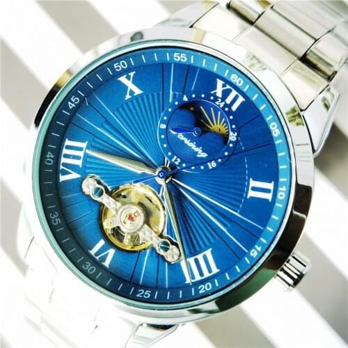 Forsining 2020 Blue Mechanical Wristwatch Male Tourbillon Moon Phase Fashion Business Mens Stainless Steel Watches Erkek Saat