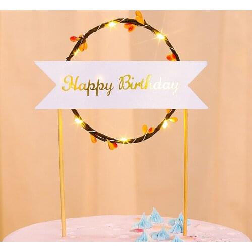 Luminous LED Wreath Birthday Cake Topper Light Cupcake Toppers Baby Shower For Girls Party Decor Flags Supply
