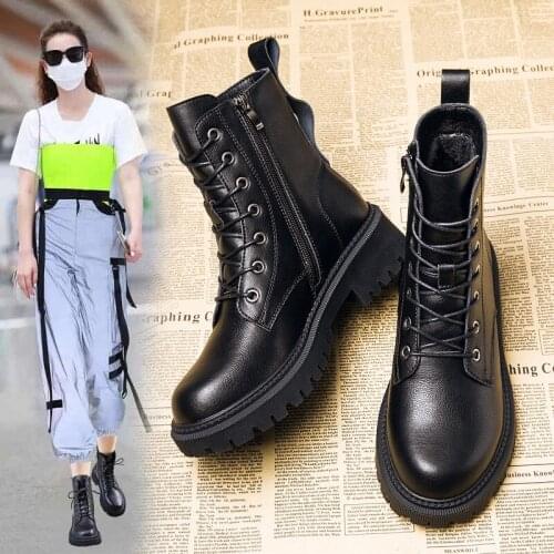 2021 Black Platform Combat Ankle Boots For Women Lace Up Buckle Strap Woman Shoes Winter Biker Boots