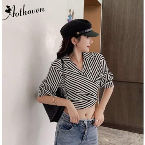 New Fashion Summer Turn-down Collar Crop Top Striped Sexy Tie a Knot Bralette Short T Shirt Women Three-quarter Sleeve Lady Tops