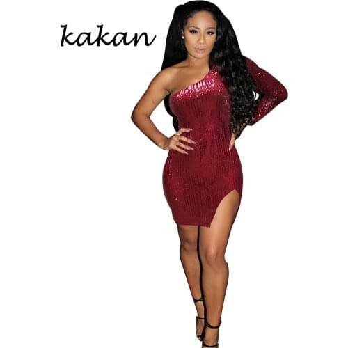 Kakan 2019 new womens sequined dress side slit one shoulder sequins with lining dress irregular dress