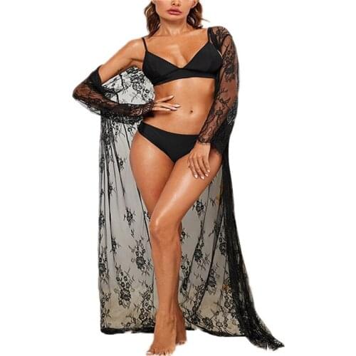 Womens Sexy Lingerie Lace long See Through Cardigan Shirt Top Sleepshirts Nightgowns Beach Cape Bikini Cover Up Lace Kimono