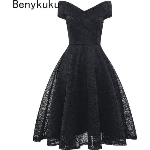 Women Black Red Sexy Off Shoulder Summer Dress 2020 V Neck A Line Special Occasion Swing Vintage Retro Lace Cocktail Party Dress