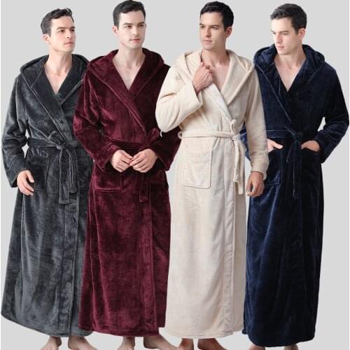 BALDAUREN Winter Mens Hooded Long Thicken Bathrobe Flannel Homewear Nightgown Nightrobe Mens Home Clothes Robes