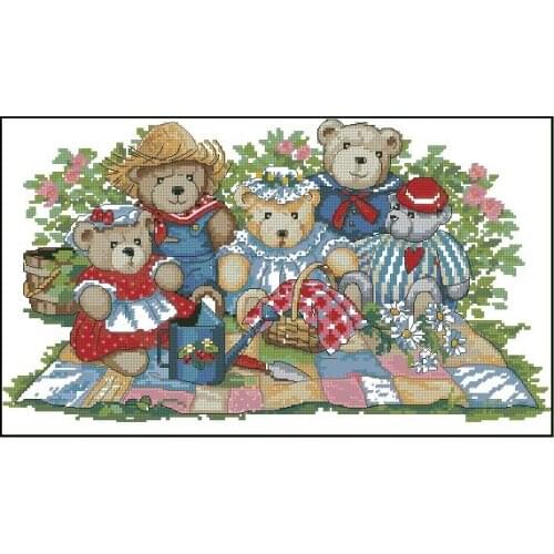 100% egypt COTTON Beautiful Lovely Counted Cross Stitch Kit Bear Picnic Five Little Bears Lunch dim 3809