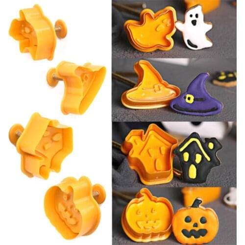 4pcs Halloween Party Decoration Pumpkin Ghost Theme Plastic Cookie Cutter Plunger Fondant Chocolate Mold Cake Decorating Tools