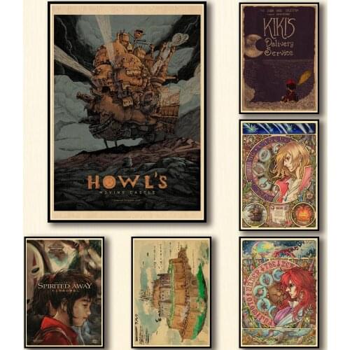 45 Designs Ghibli Miyazaki Hayao Movie Kraftpaper Poster Painting Abstract Fancy Wall Sticker for Coffee House Bar A3 1