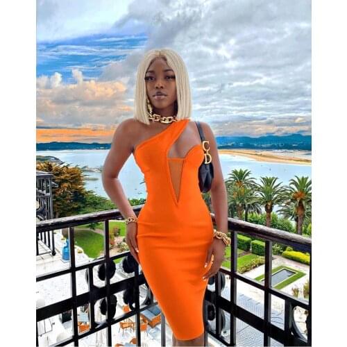 New Bandage Dress Trendy All Free Shipping One Shoulder Mesh Hollow Out Design Sexy Orange Bodycon Dress Vestidos Dobanmbd