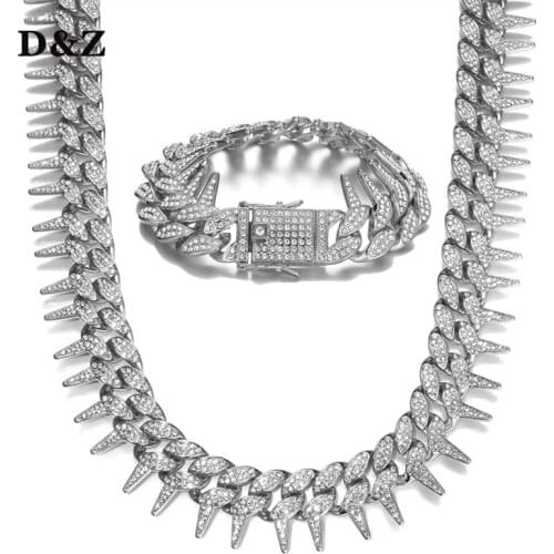 D&Z 1Set 25MM Thorn Miami Cuban Chain Bracelet 1 Row Iced Out Rhinestone Zircon Paved Necklaces Bracelets for Men Women Jewelry
