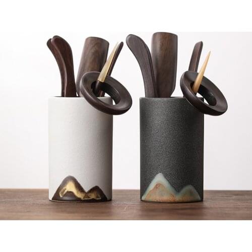 Glaze Painting Color Tea Ceremony Six Gentlemen Handmade Coarse Pottery Blackwood Solid Wood Ceramic Kung Fu Tea Set Accessories