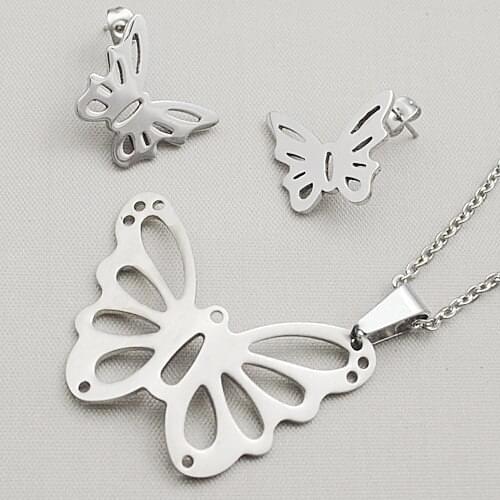 New Hollowing Butterfly Earrings and Necklace Sets Women Animal Jewellery Set High Quality 316L Stainless Jewelry bijioux