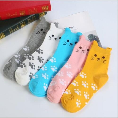 Cute Kawai Cartoon Women Combed Cotton Socks Women Funny Cat 5 Colors Lovely Animal Pattern Casual Sock