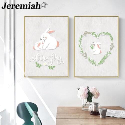 Cute Rabbit Canvas Poster Mothers Day Thanksgiving Letter Painting Wall Art Picture Print Modern Home Decoration