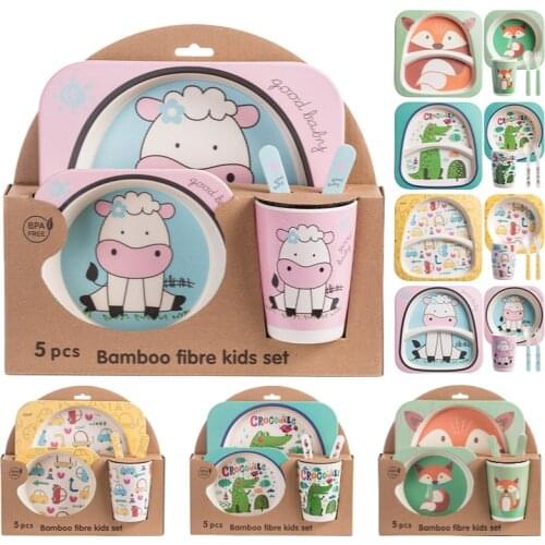 Bamboo Fiber Childrens Tableware Set Creative Baby Cartoon Rice Bowl Fork Spoon Childrens Meal Partitioned Baby Dinner Plate