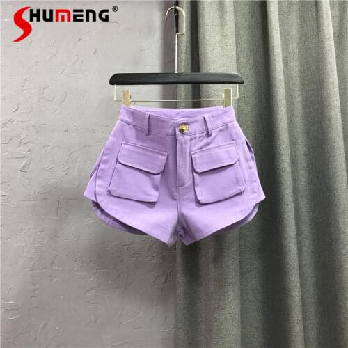 2021 Summer New Lazy Candy-Color Denim Shorts Womens Korean-Style Loose Slimming Pocket Wide-Leg Shorts Hot Pants