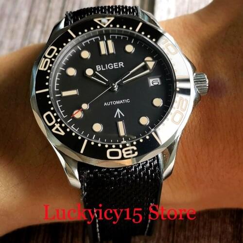 BLIGER New Dress NH35A 41mm Selfwinding Men Watch Yellow Marks Glass Back Rubber Band Unidirectional Bezel Ring