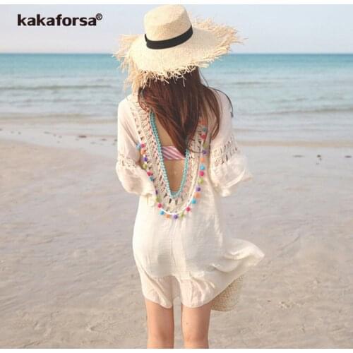 Kakaforsa 2019 Sexy Backless Beach Cover Up Crochet Flounce Open Back Bikini Swimwear Cover Up Summer Fringe Swim Beach Dress