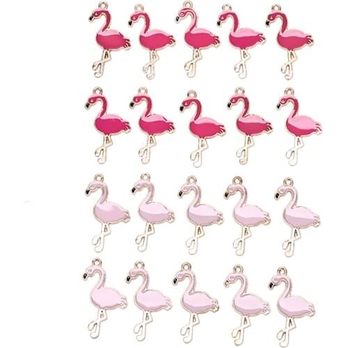 10pcs Alloy Enamel Drop Oil Red Pink Swan Pendant DIY Necklace Findings Flamingo Charms For Animal Accessories Making