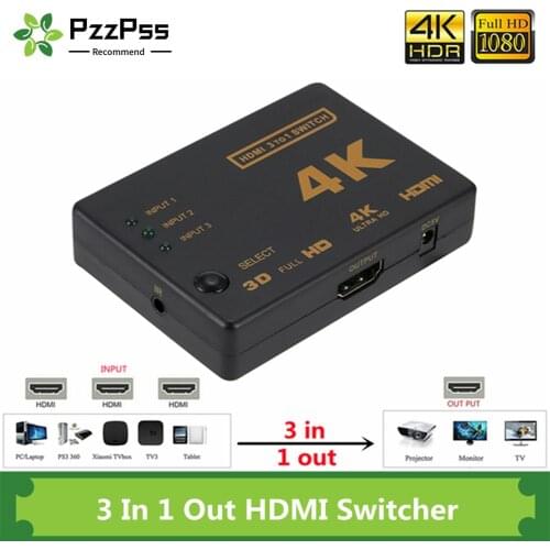 PzzPss 4K 2K HDMI Cable Splitter 1080P Video Switcher Adapter 3 Input 1 Output Port HDMI Hub for Xbox PS4 DVD HDTV PC Laptop