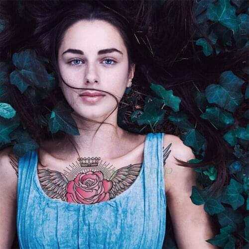Waterproof Temporary Tattoo Sticker pink rose flower wings crown Fake Tatoo Breast Chest Back Belly Flash Tatto For Women Girl