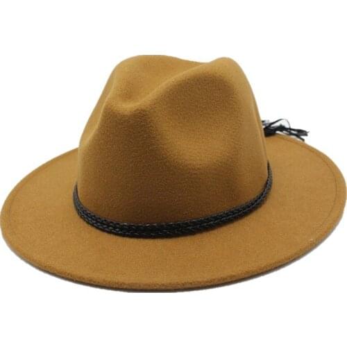 2018 High Quality Women Wool Fedoras Hat with Hide Rope European US Flat Brim Formal Party Jazz Felt Trilby Hat