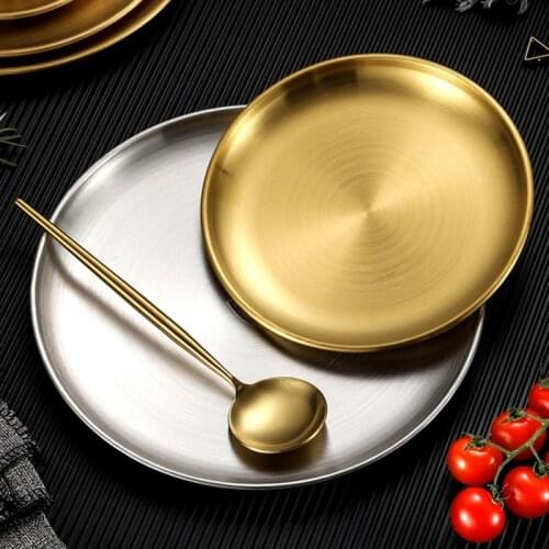 Golden Stainless Steel Storage Tray Luxurious Brass Gold Round Plate Fruit Cake Steak Snack Kitchen Metal Storage