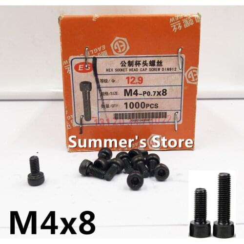 100pcs/lot DIN912 M4 Alloy Steel screw Hex Socket Head Cap Screw M4*8mm black screw bolt M4 screw 8mm