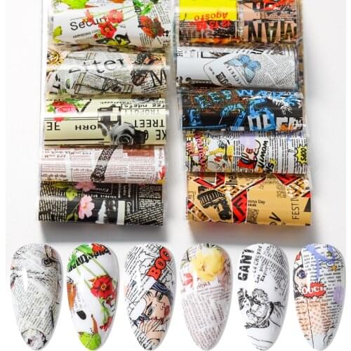 20*4cm Nail Foil Sticker Vintage Newspaper Flower Gel Set Mixed Flower Adhesive Starry Sky Transfer Stickrer Paper Nail Slider