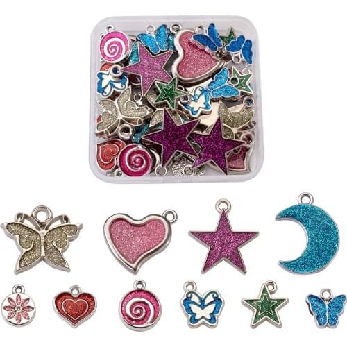 40pcs/Box Mixed Heart Star Moon Butterfly Plastic Pendant Glitter Enamel Charms for DIY Bracelet Necklace Earring Jewelry Making