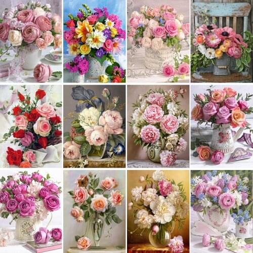 5D DIY Diamond Painting Rose Vase Cross Stitch Kits Embroidery Diamond Mosaic Flower Picture of Rhinestones Home Decoration