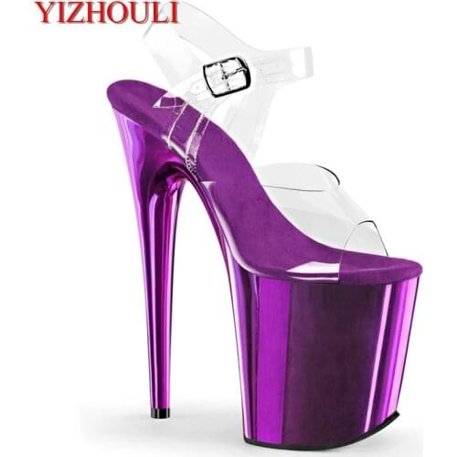 8 inch, high heel sandals, transparent upper, 20cm electroplated stiletto heels, pole dancing sandals for fashion models