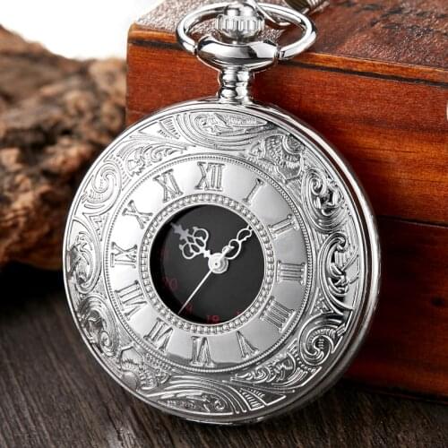 Antique Roman Numerals Quartz Fob Pocket Watch Men Women Sliver Hollow Case Steampunk Vintage Pendant With Chain Gifts