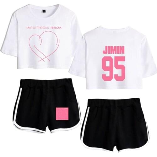 Cool JIMIN J-HOPE V Map Of The Soul Persona Two-Piece Outwear Summer T-Shirt And Shorts Womens Suit Crop Top + Shorts Tracksuit