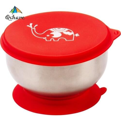 Qshare Baby Eating Bowl Suction Feeding Cup Kids Bowl Silicone BPA Free Tableware 304 Stainless Steel Baby Food Feeding Bowl
