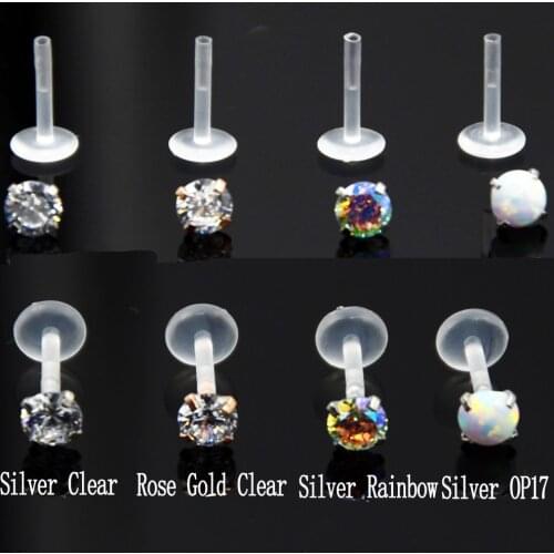 BOG-1PC AB&Clear&Opal Zircon Bioplast Labret Monroe Lip Stud Crystal Ear Cartiliage Tragus Helix Piercing stud Ring 16g