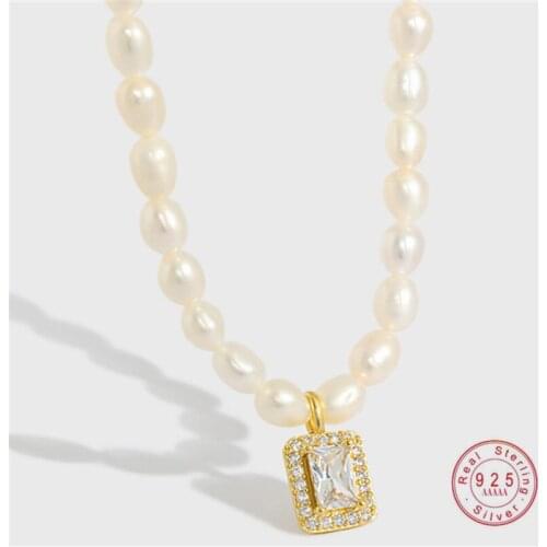 HI MAN S925 Sterling Silver Korean INS Natural Freshwater Pearl Square Crystal Pendant Necklace Women Elegant Party Jewelry